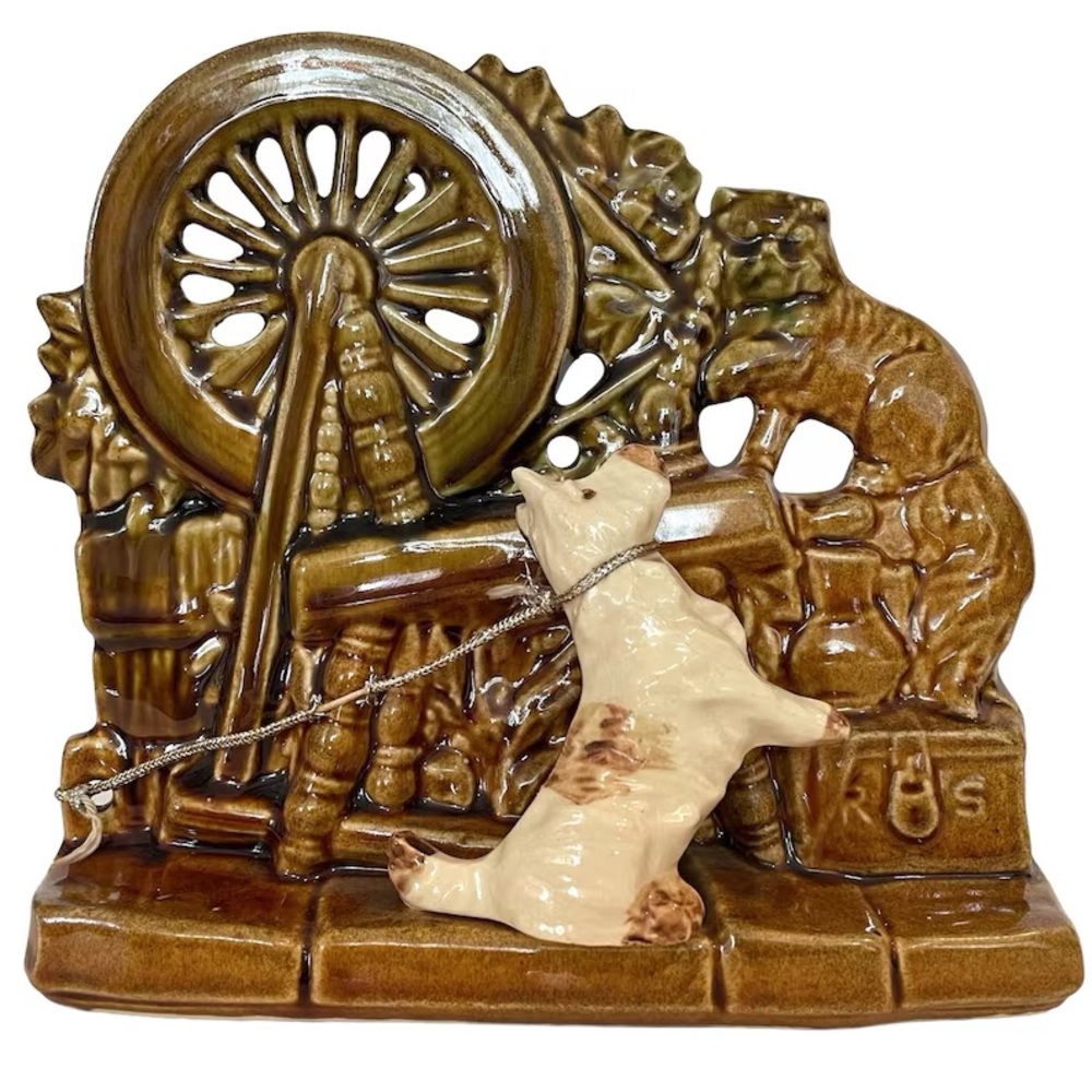 Vintage 1950s McCoy Spinning Wheel Ceramic Planter - Scottie Dog and Persian Cat